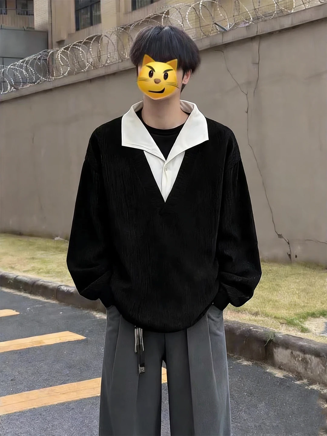 

Bla Wheat Pattern Collared Sweatirt Men's Spring High-End Feelings oulder-Length Sve T-irt American Heavyweight Ja...