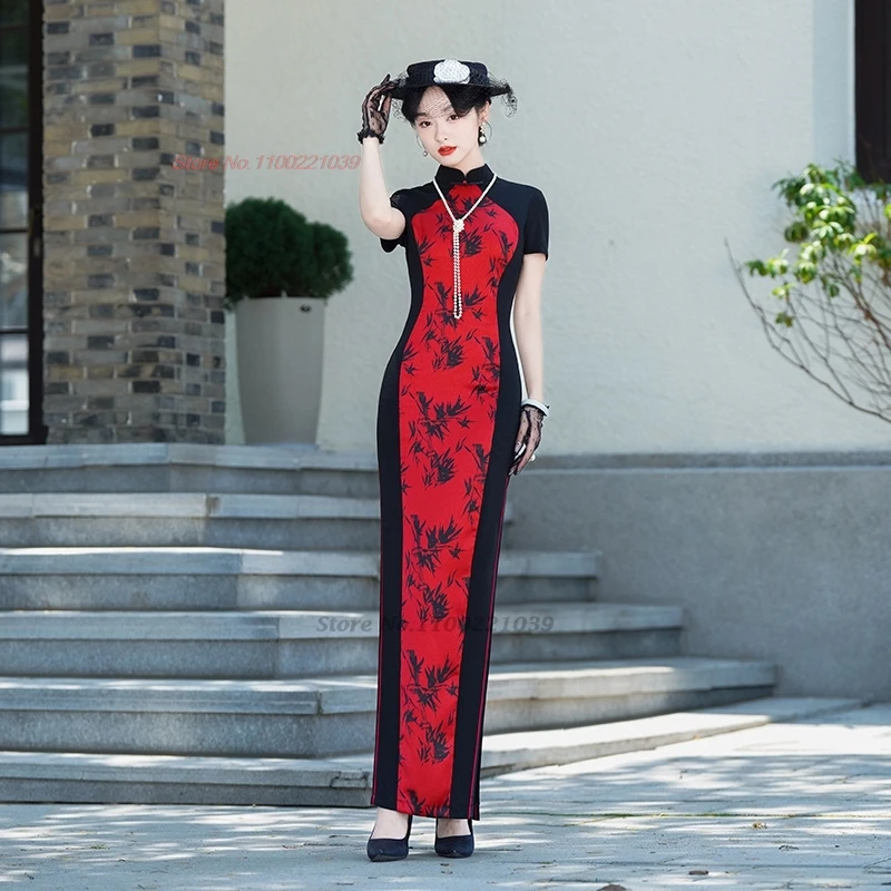 2026 national bamboo print patchwork color dress improved qipao stage performance cheongsam oriental banquet evening qipao dress
