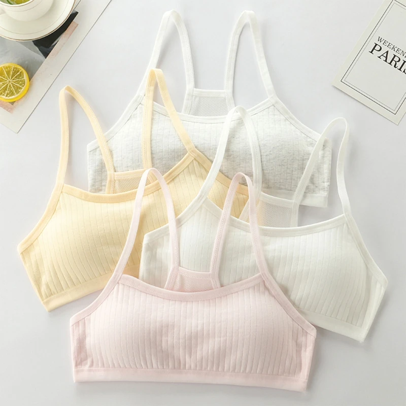 Teens Girls Cotton Training Bra Padded Racerback Ribbed Solid Color Bralette Mesh Back Spaghetti Strap Vest Underwear