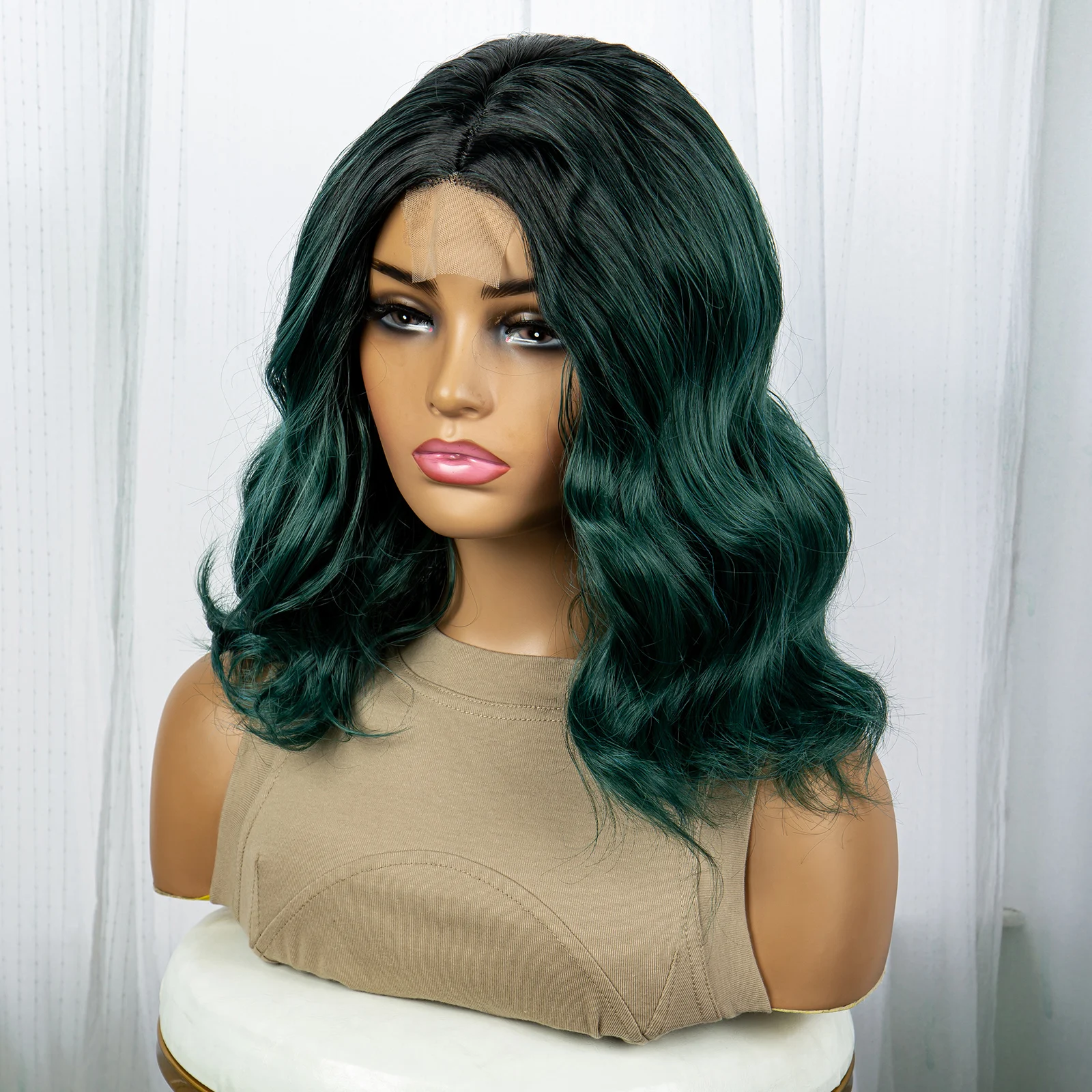 Lace Front Synthetic Hair Body Wave Wigs Dark Green U Lace Wigs for Lady Daily Use 14 Inches Short Women's Wigs Heat Resistant