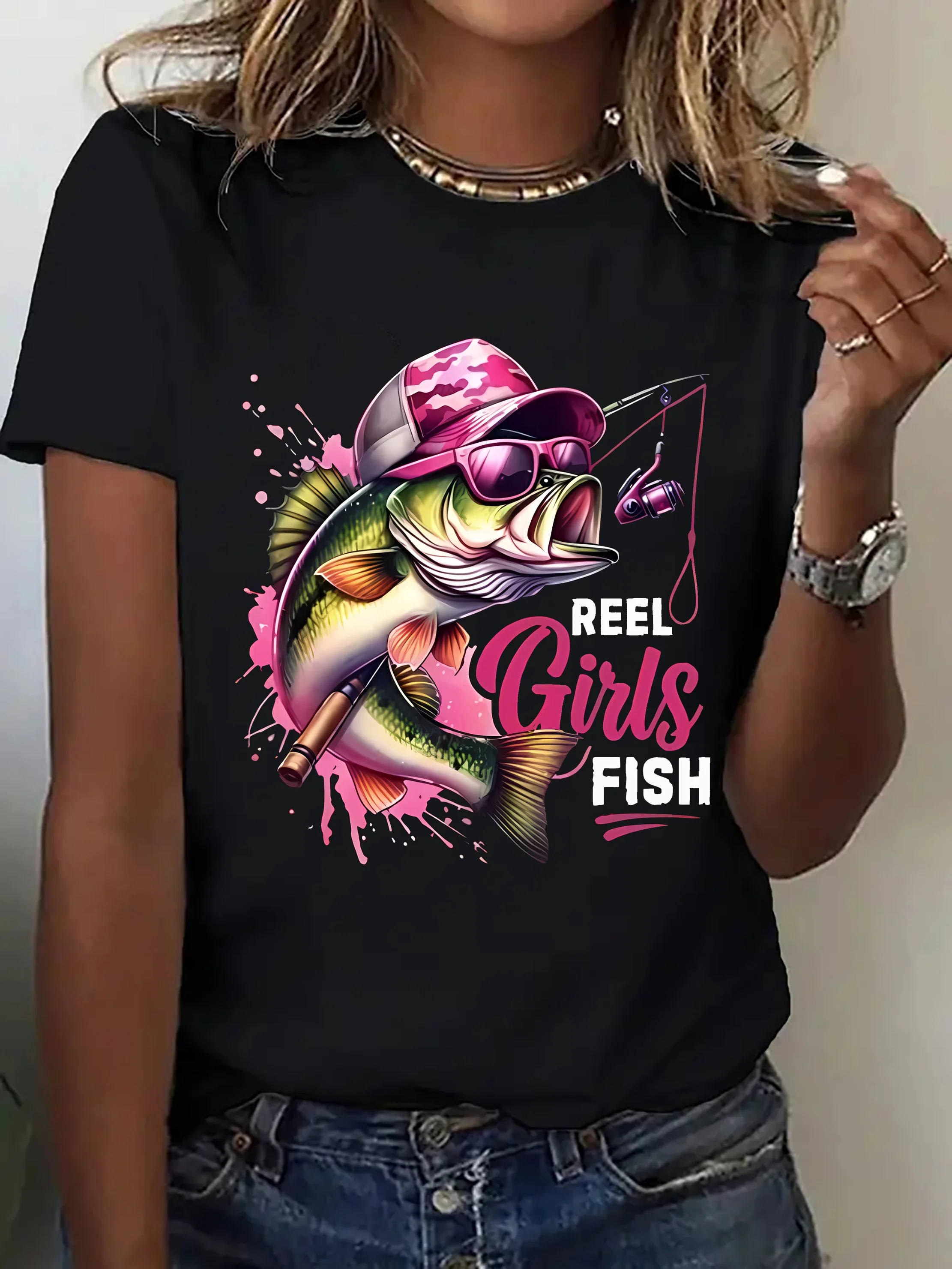 Ladies' T-shirt Pink Cool Fishing Fun Personalized Fishing Pattern Beautiful Ladies Round Neck Casual Comfortable Short Sleeve