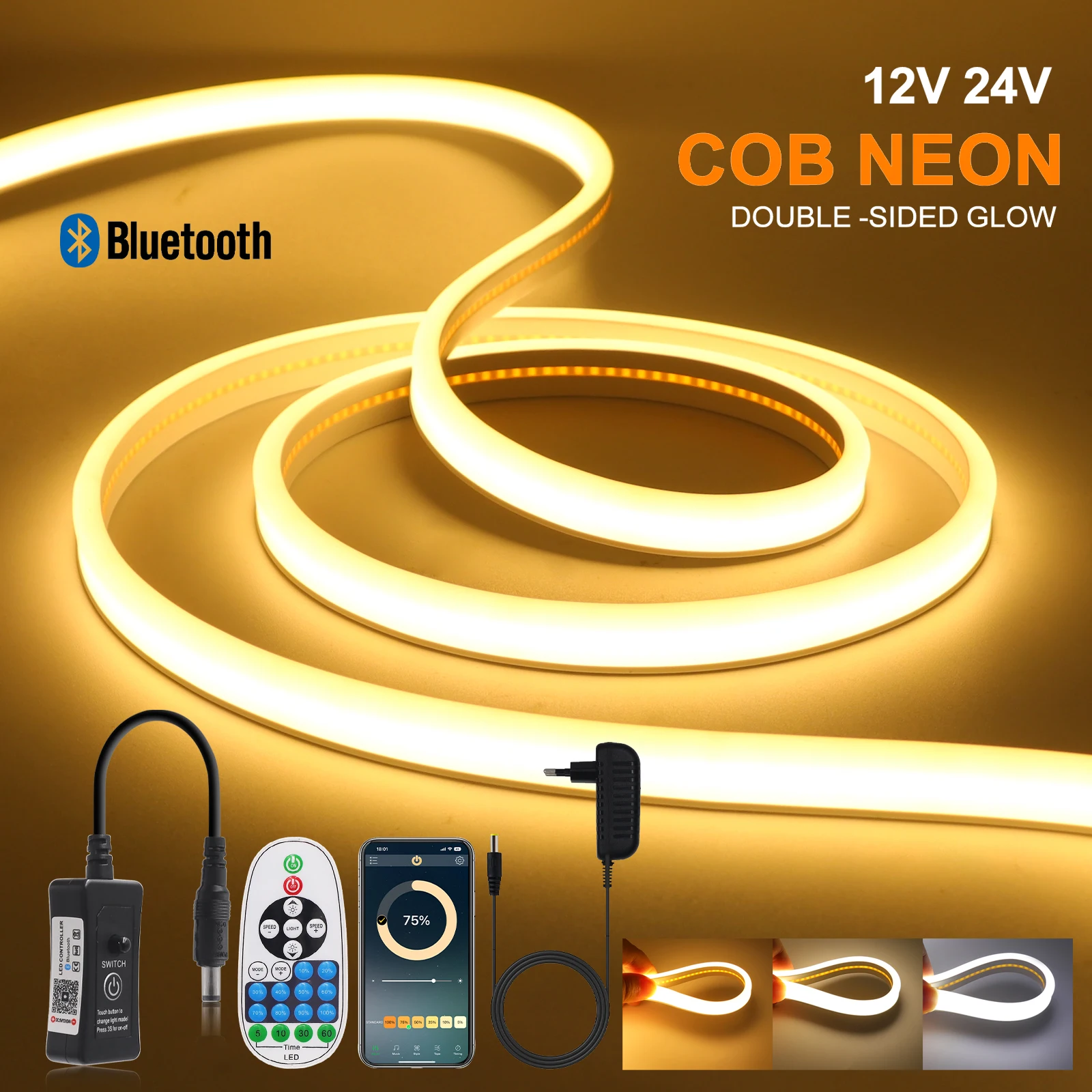 COB Neon LED Strip Light 12V 24V 320LEDs/m Bluetooth APP Dimmable IP67 Waterproof for Room Garden COB Linear Lights Power Kit