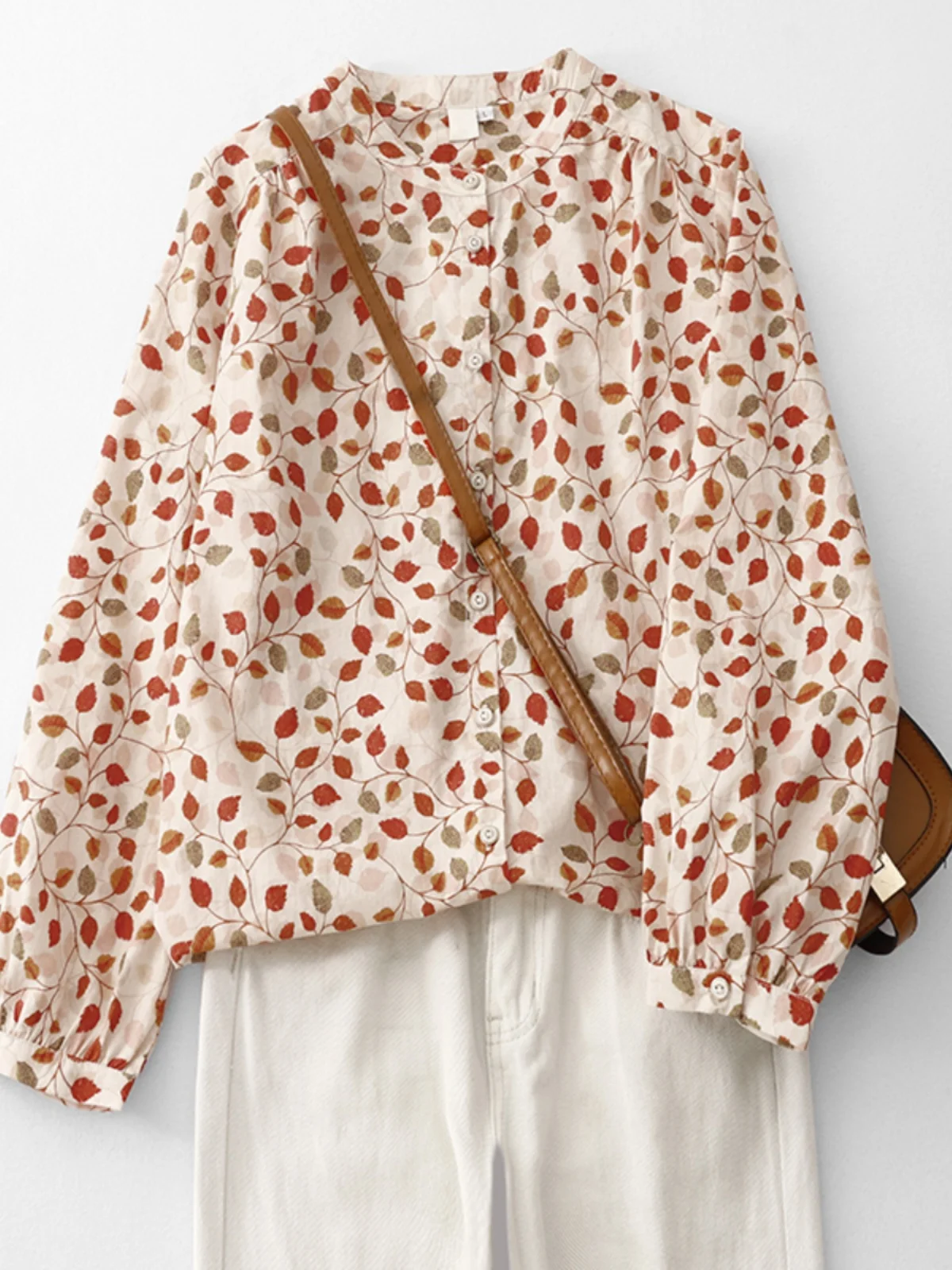 Outono 2024 solto ajuste redondo ne casual irt vintage nacional sle versátil impresso confortável longo sve topo feminino