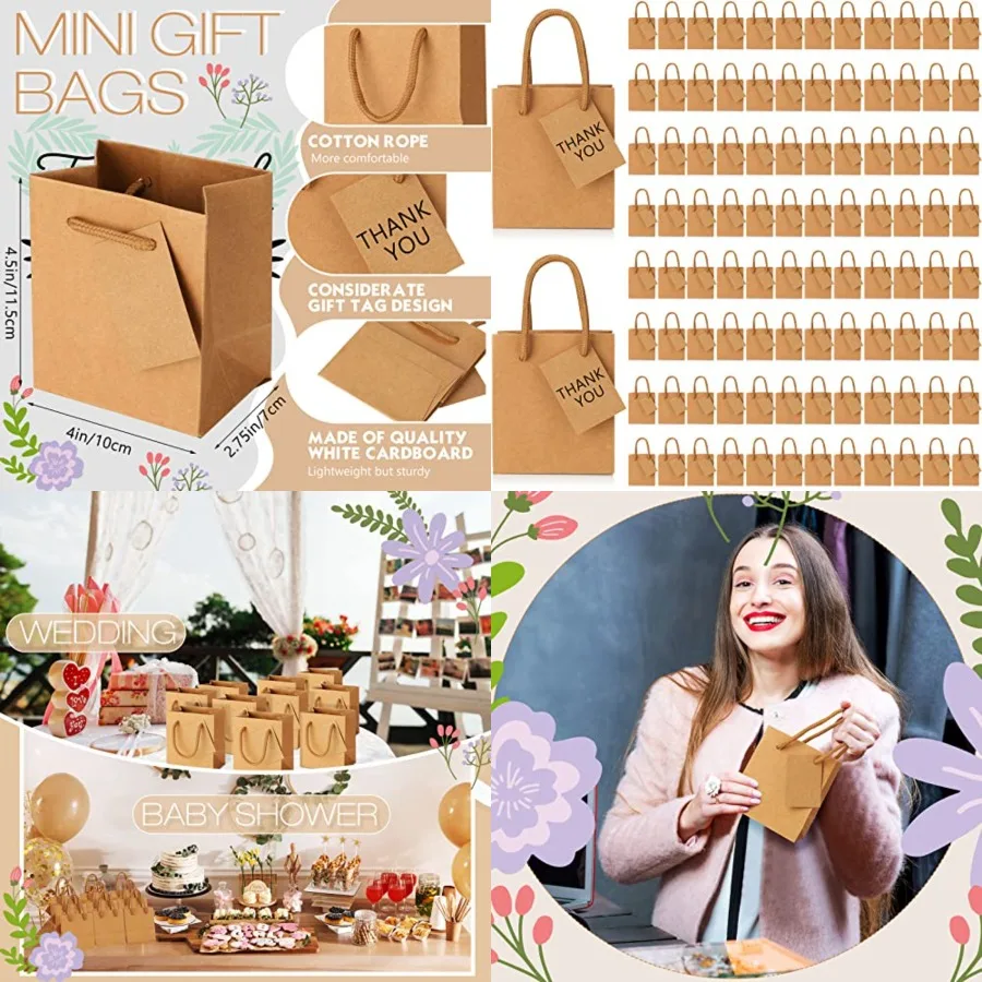 

100 Pcs Mini Gift Bags Bulk, 4 x 2.75 x 4.5 in Paper Bag with Tag, Extra Small Paper Gift Boxes with Handles for Birthday, Part
