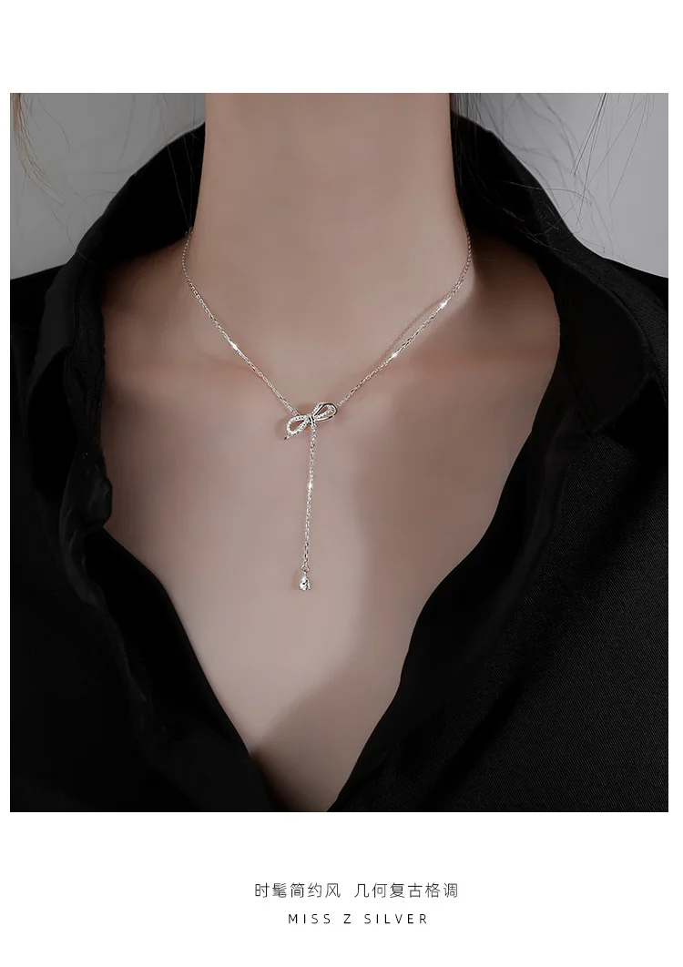 CIAXY Silver Color Inlaid Zircon Bowknot Tassel Necklaces for Women Aesthetic Sexy Clavicle Chain Choker Party Jewelry Gifts