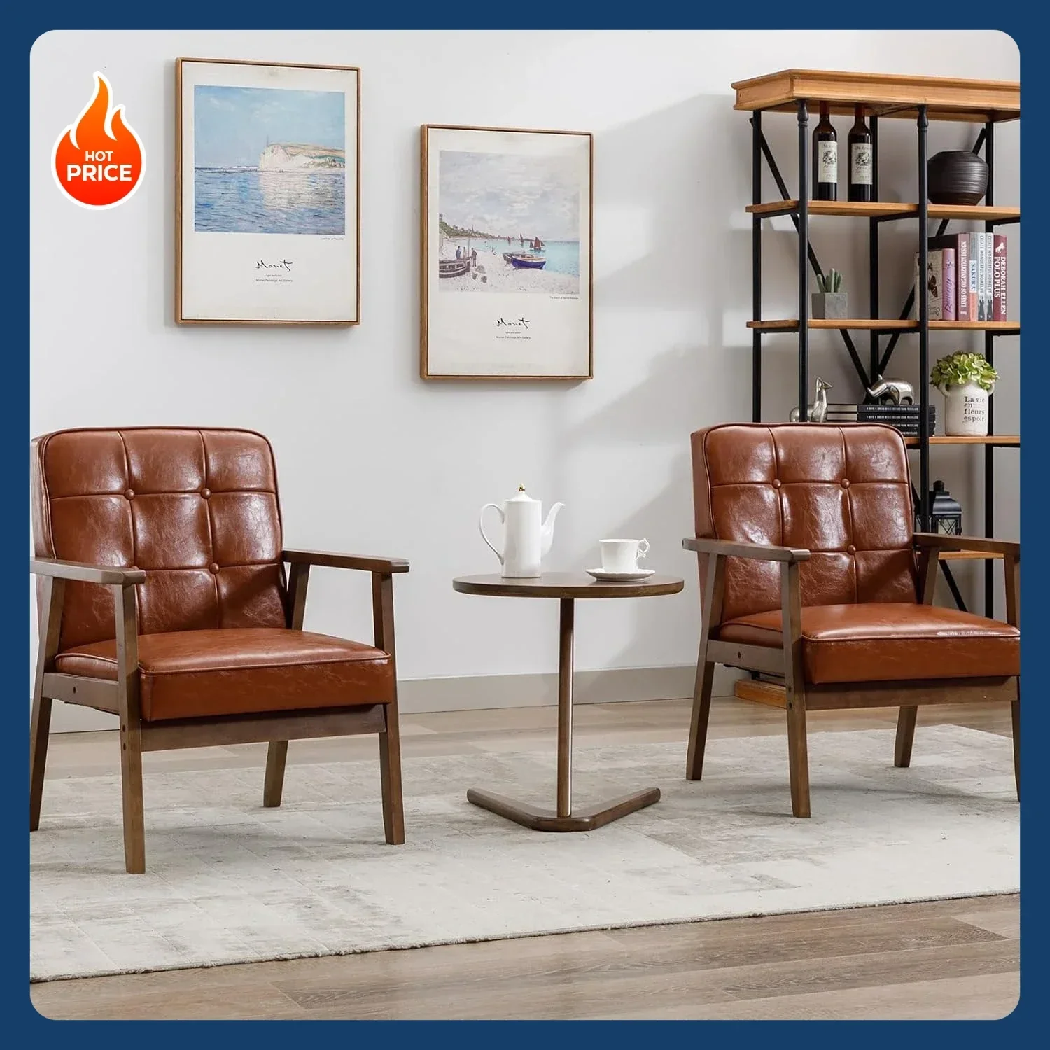 [New Arrival!]Accent Chairs Set of 2, Mid Century Modern Accent Chair, Retro Wood and Leather Armchairs Side Chair, Lounge Readi