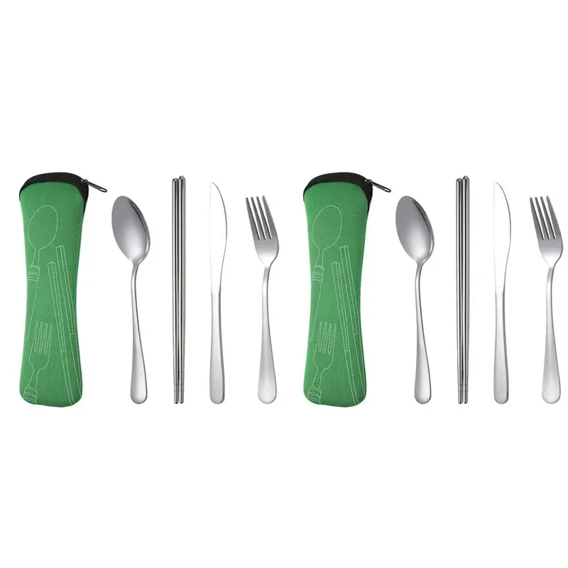 ABJO-8Pcs Set Dinnerware Portable Stainless Steel Spoon Fork Steak Knife Set Travel Cutlery Tableware With Bag Green