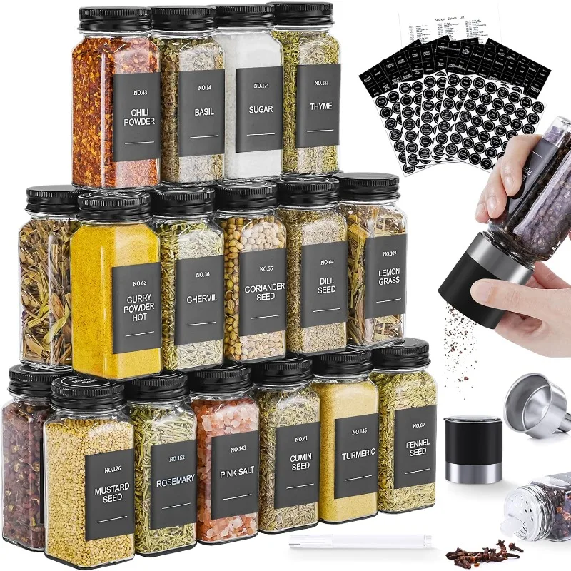 

Spice Jars, 24 Pcs 4oz Seasoning Jars with Label, Glass Jars with Shaker Lids, Spice Containers Bottles with Pepper Grinder & St