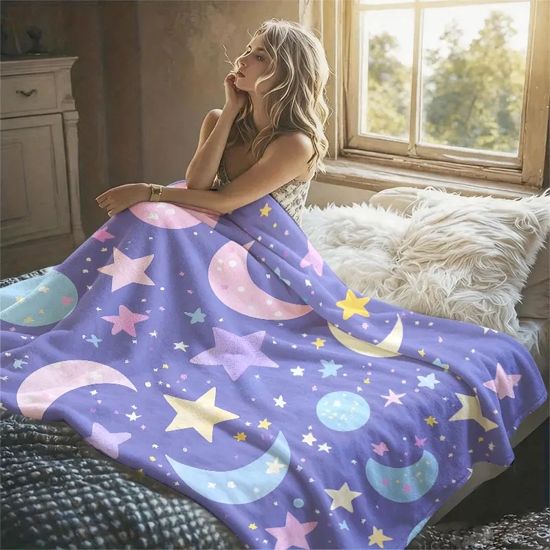 Lavender Moon Star Sky Flannel Blanket Warm Soft Halloween Christmas Decorative Couch Warm Cozy All-Season Gift