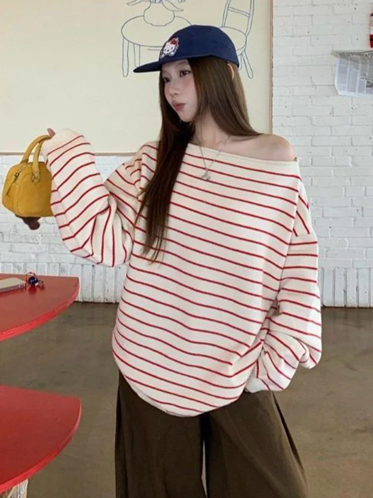 Off Shoulder Sexy Striped Sweater Women Lazy Wind Sweet Fashion Loose Knitted Jumper Casual Long Sleeve Chic Streetwear Pullover