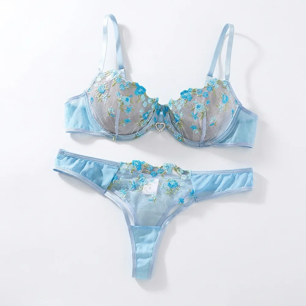Sky Blue Mesh Lingerie Set Floral Embroidery Women's Underwear Sheer Intimate Lingerie Three-Point Underwire Bra and Panty Set