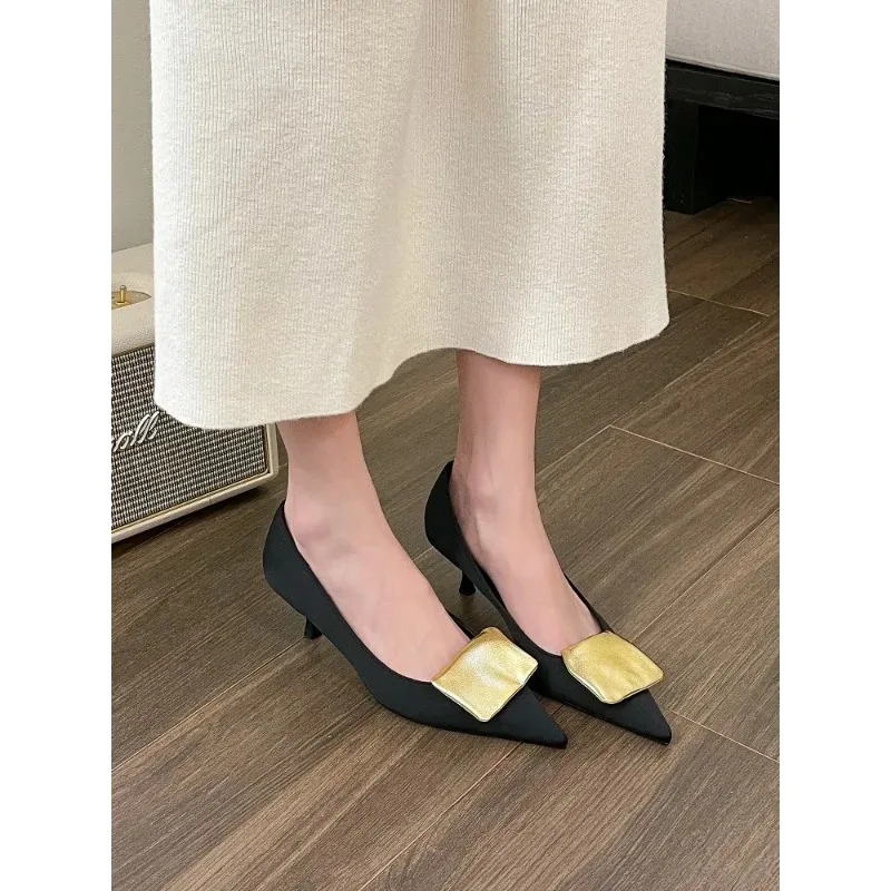 

Pointed Toe Women Pumps Sexy Fashion Dress Shoes Thin Mid Heels Black Gold White Autumn Spring Dress Shoes Woman Size 35-39