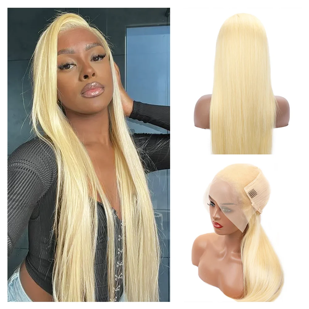 46 Zoll glatte blonde 613 blonde Echthaar-Lace-Frontal-Perücke 13x6 HD transparente Lace-Front-Perücken, vorgezupfte Echthaar-Perücken