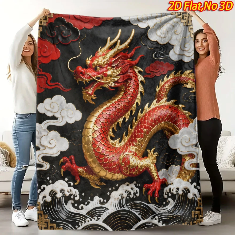 Black Base Red Gold Chinese Dragon Cloud Sea Wave Full Print Fluffy Throw Blanket, Warm Soft Couch Traditional Asian Home Gift