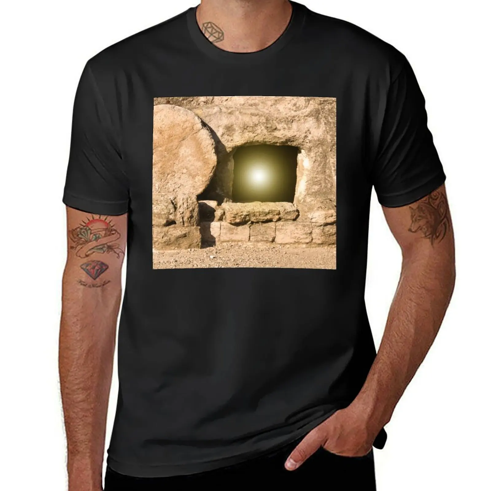 Empty tomb of jesus at sunrise with stone background T-Shirt blanks oversizeds mens cotton t shirts