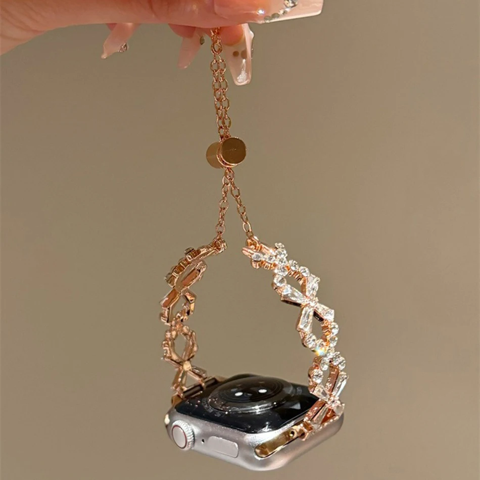 Strap For Apple Watch Band, 9, 8, 7, 6, SE, 5, 4, iWatch Ultra 2, 38mm, 40mm, 41mm, 42mm, 44mm, 45mm, 49mm, Bling luxuoso, diamante do brilho, bracelete do metal