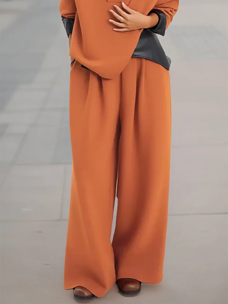 Yeezzi Women's Solid Orange High Waisted Wide Leg Pants 2026 New Spring Full-length Loose Pleated Casual Streetwear Trousers