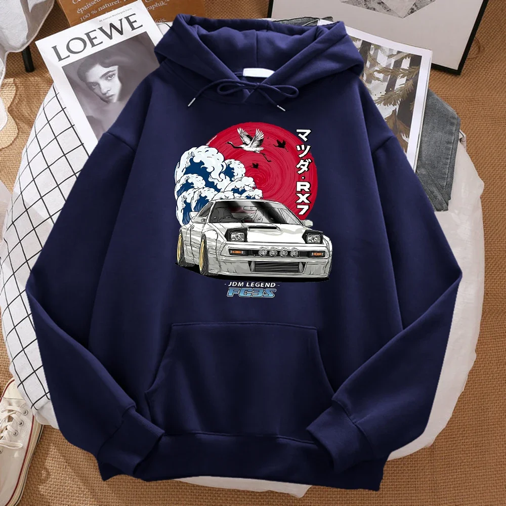 Car Waves Crane Red Sun Prints Hoody Men Fashion Oversize Sweatshirt Autumn Pocket Warm Hooded Hipster Soft Streetwear