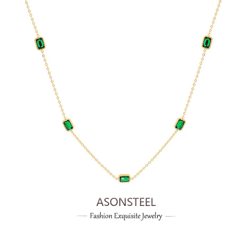 ASONSTEEL Zarte Bling Grün Quadratische Form Zirkonia Anhänger Halskette Wasserdicht Für Frauen Goldene Halsband Schmuck Party Prom Geschenk