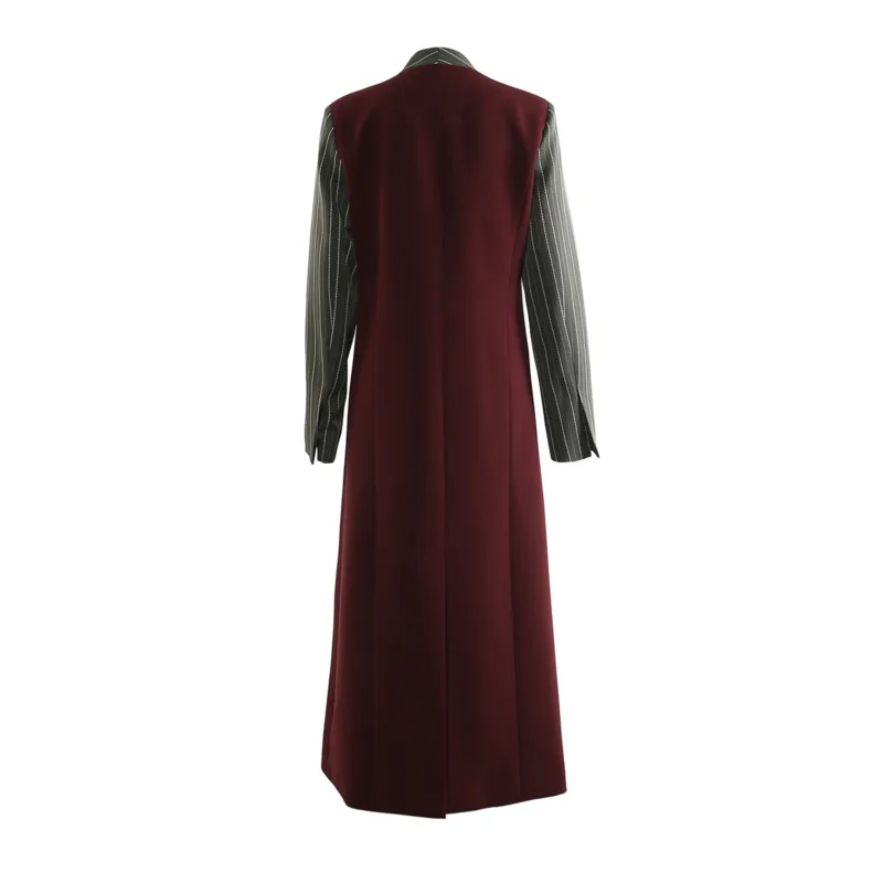 HKSH Autumn New Women Trendy Trench Coat Contrast Color Spliced Stripe Single Button V-neck High Street Long Windbreaker HK10654