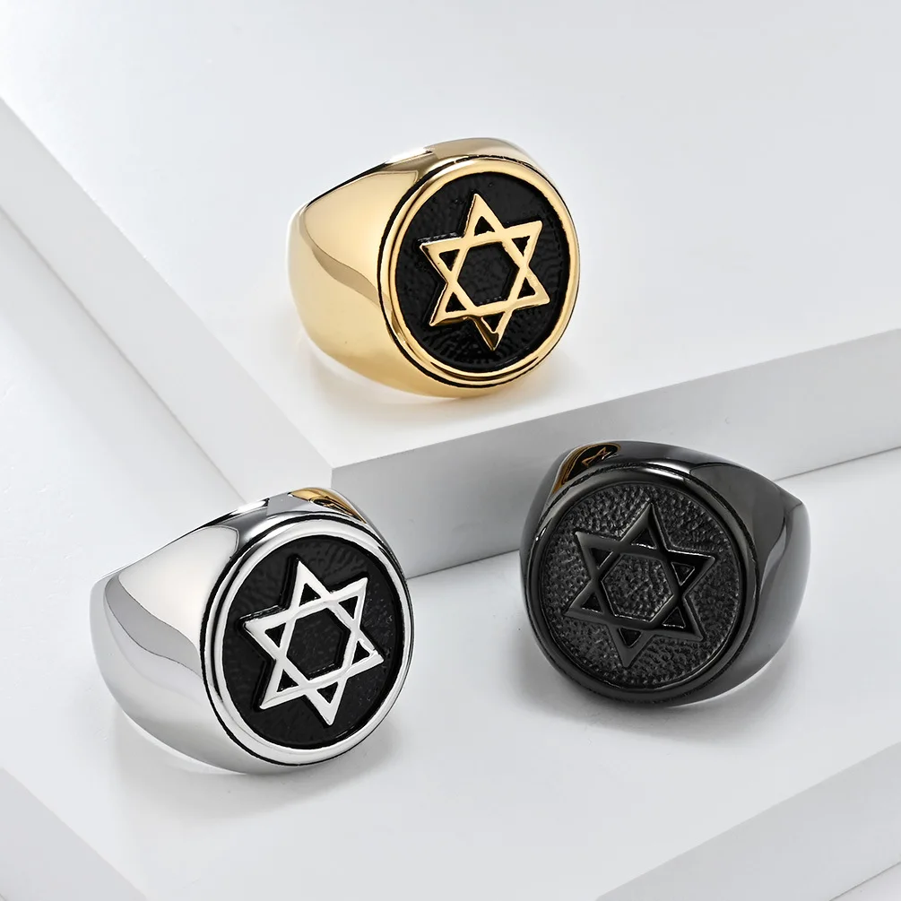 Six Point Hexagram Star Ring for Men Stainless Steel Signet Ring for Him Boyfriend Husband Father Grandpa Size 7-13