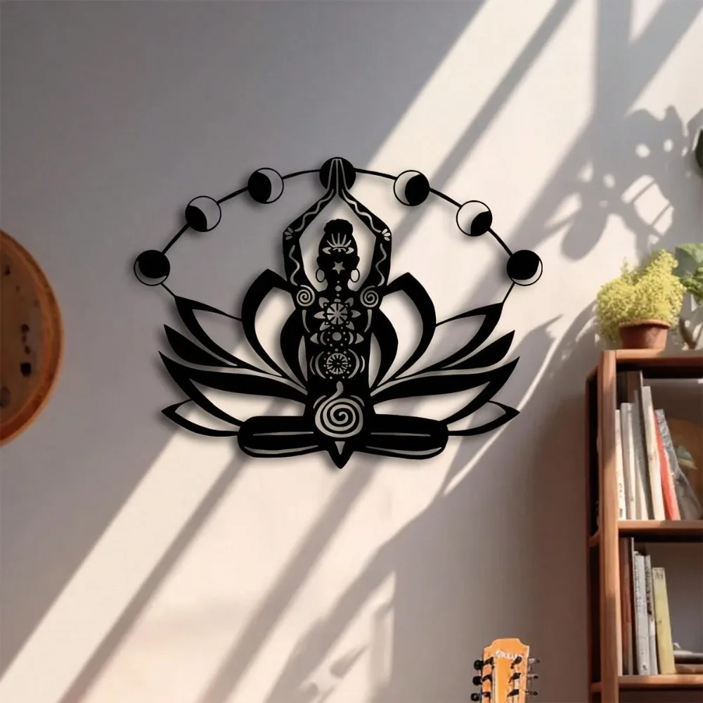 Zen Lotus Metal Wall Art 15.7x12 Inch Moon Phase Design Spiritual Meditation Decor Durable Indoor Outdoor Home Garden