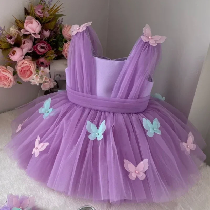 Vestidos de niña de flores personalizados, tul morado, mariposa colorida con lazo para boda, fiesta, cumpleaños, vestidos de comunión