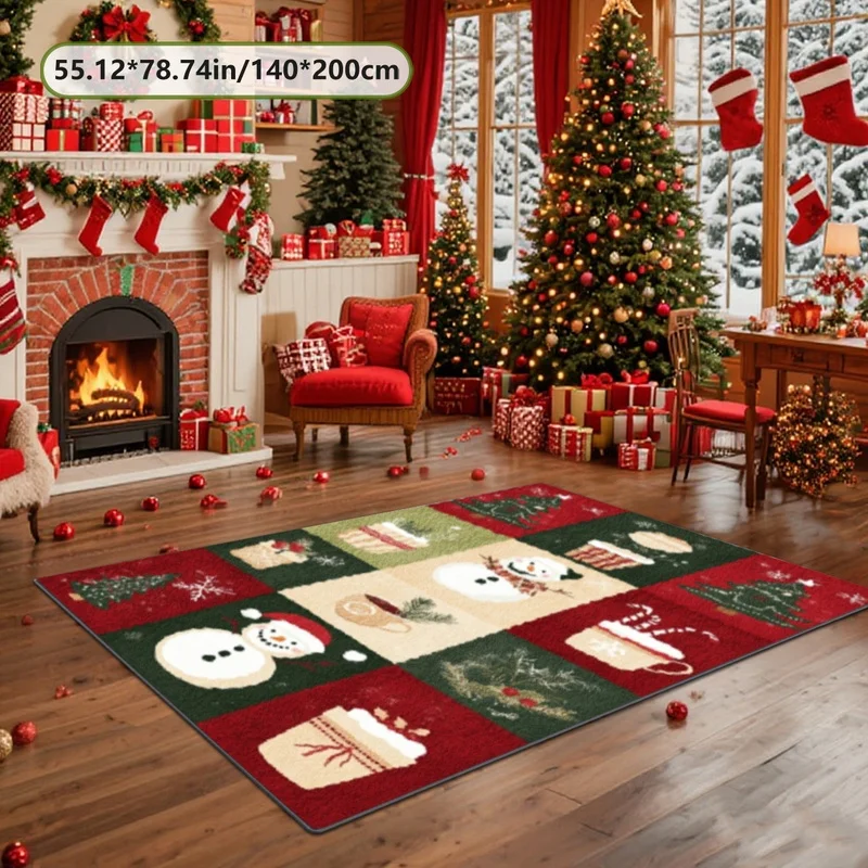 2D Printed Imitation Cashmere Christmas Rug, Festive Decor Mat for Living Room  Bedside Entry Dining, Mall Commercial Scenarios