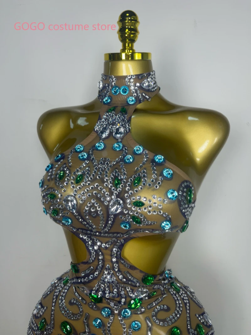 New Women Sexy Print Mesh Sheer Crystal Rhinestones Stage Costume Stage Dancer  Celebrity Night Club Mini Party Dress