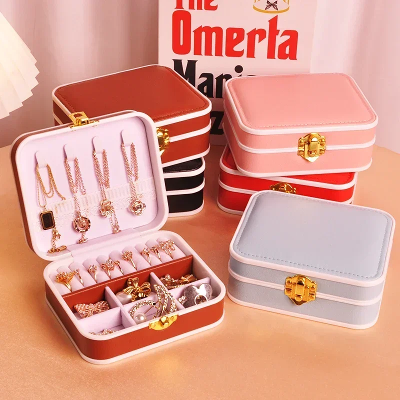 Travel Leather Jewelry Box Multi-functional Necklace Earring Ring Single-layer Storage Box Display Holder with Lock Portable