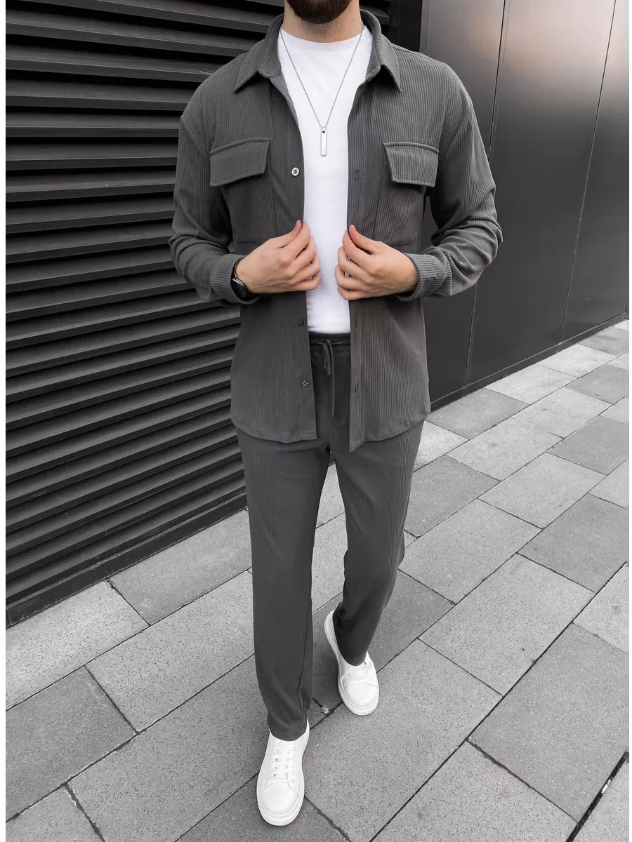 2025 Men's simple new front buckle lapel double pocket long sleeve two-piece casual sports solid color striped fashion comfortab