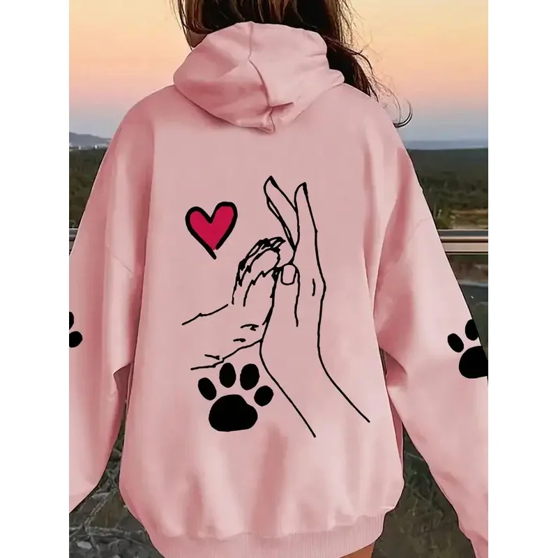 Lässiger und eleganter Damen-Polyester-Hoodie mit Hund- und Herzförmigen Pfotenabdrücken, Hoodie, Tiermuster
