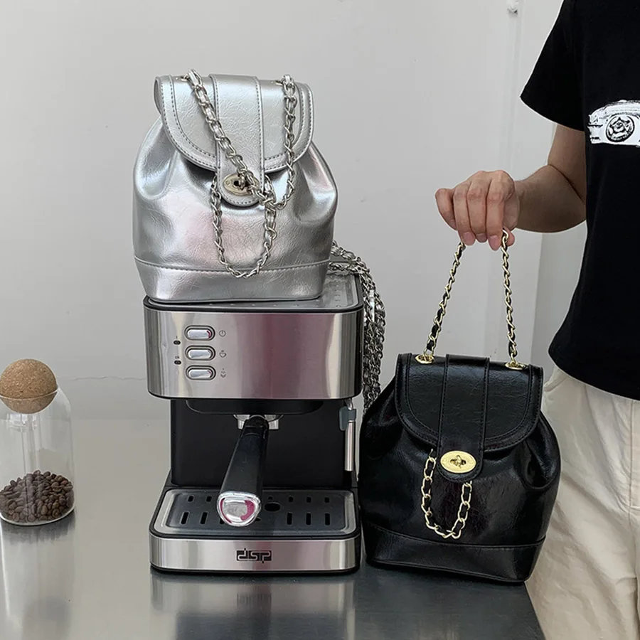 Fashion women flip backpack chain mini bagpack single shoulder multi-functional bucket bag travel black/silver rucksack mochila