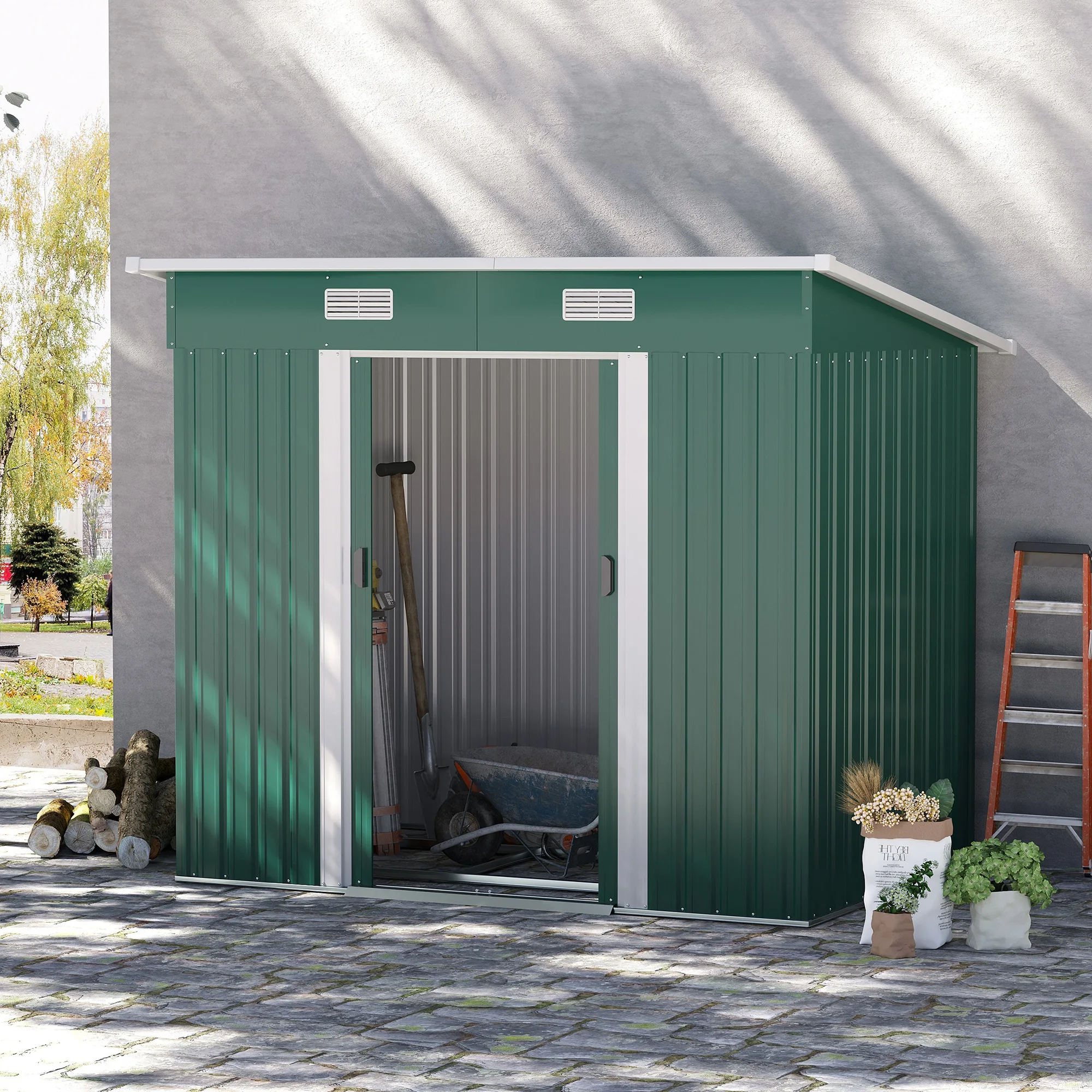 7' X 4' Metal Outdoor Storage Shed with Lockable Doors, Dark Green