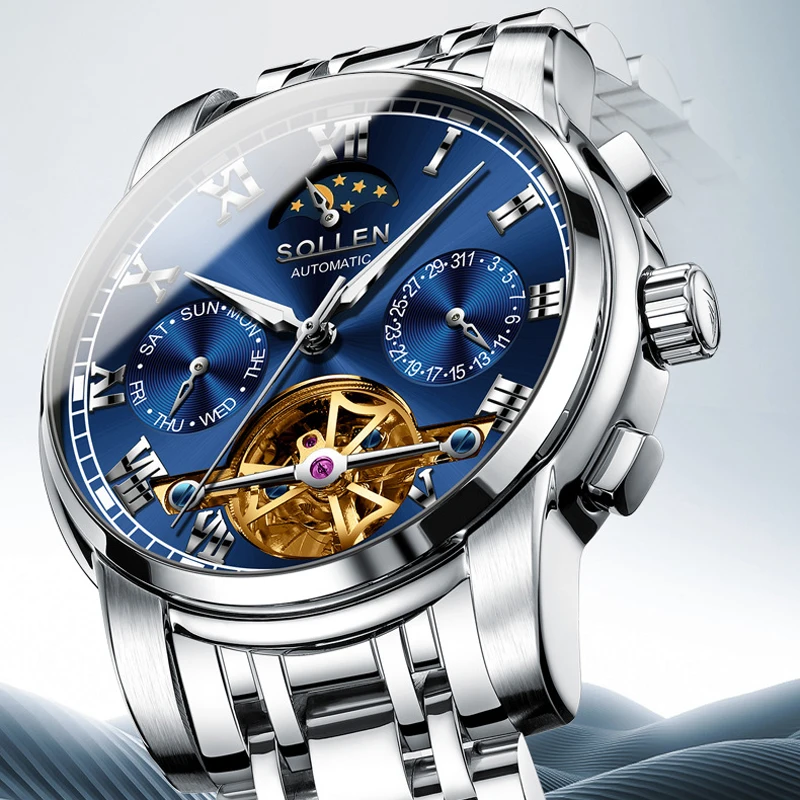 

SOLLEN Классические мужские часы с турбийоном, многофункциональные полностью автоматические мужские часы, элитные мужские сапфировые механические наручные часы
