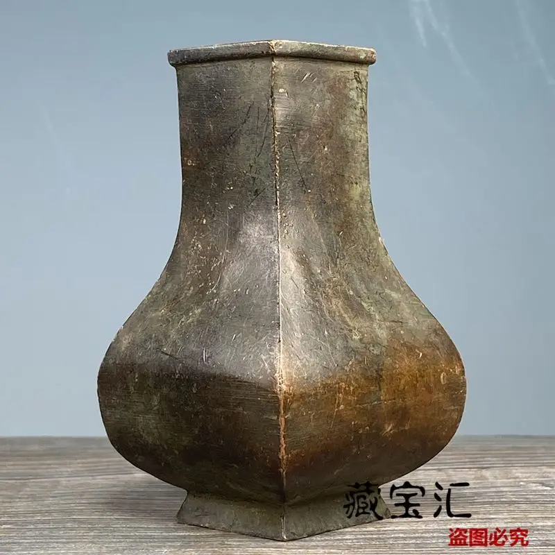 Old Collection Retro Irregular Four Sided Big Belly Copper Vase Antique Patina Home Desktop Decoration Ornament