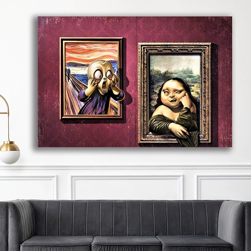 Funny The Scream and Mona Lisa Humor Altered Poster and Print Banksy Wall Art HD Pictures Canvas Painting Living Room Home Decor