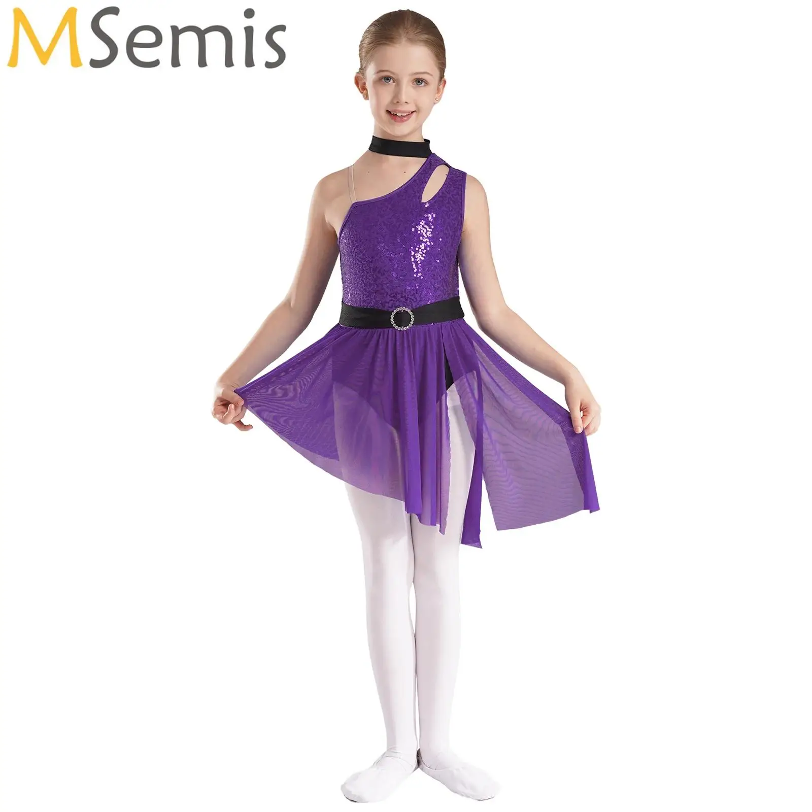 

Kids Girls Sequins Ballet Dance Dresses Asymmetrical Hem Lyrical Latin Dancewear Figure Skating Performance Competition Costume