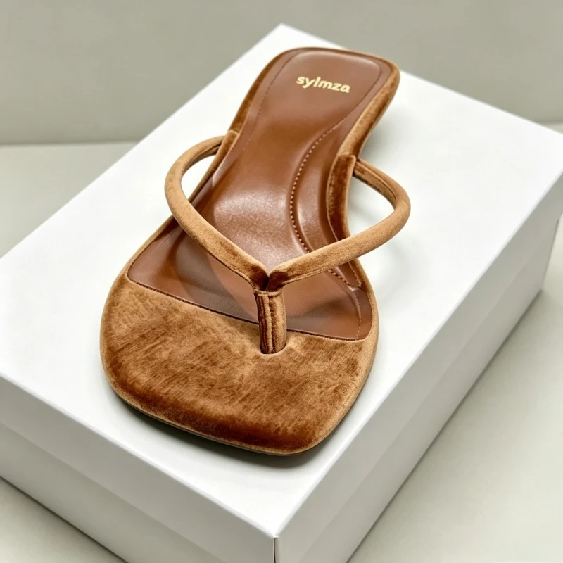 Velvet Backless Heels Slippers Woman Summer 2026 Square Toe Slide Clip Toe Casual Sandal Concise Stiletto Heels Flip Flops Woman