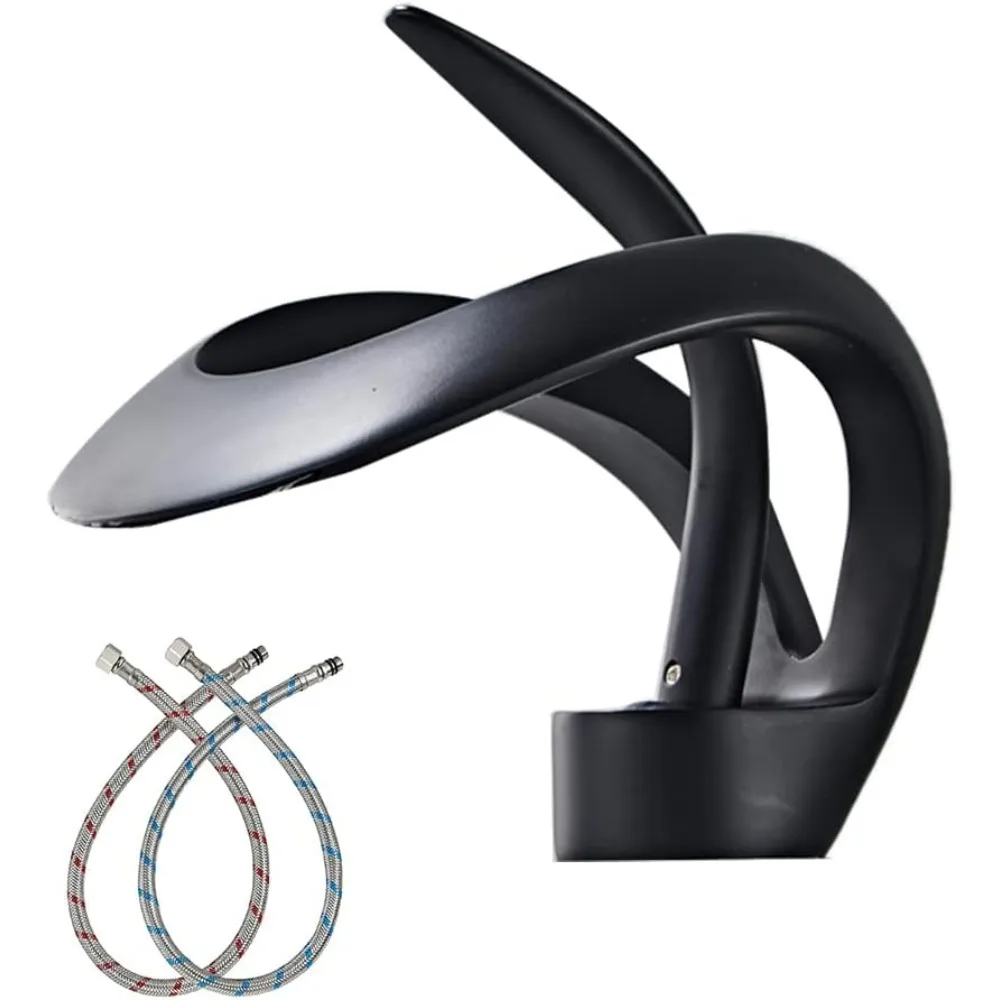 

Black Waterfall Bathroom Sink Faucet, Round 1-Hole Single Handle Brass Vanity Mixer with Creative Hollowed Design