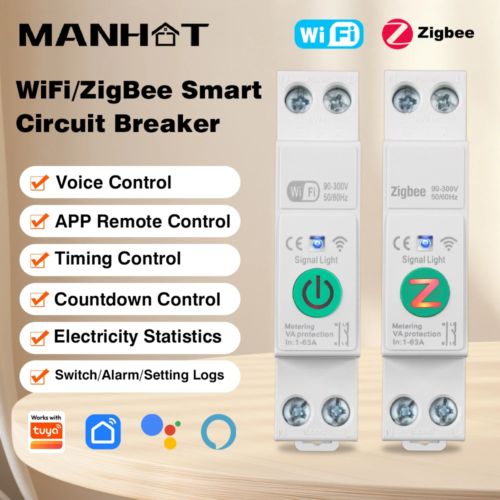WiFi/Zigbee MCB Smart Circuit Breaker Over Current Under Voltage Protection Power Metering 1-63A 1P+N Smart Life Google Alexa