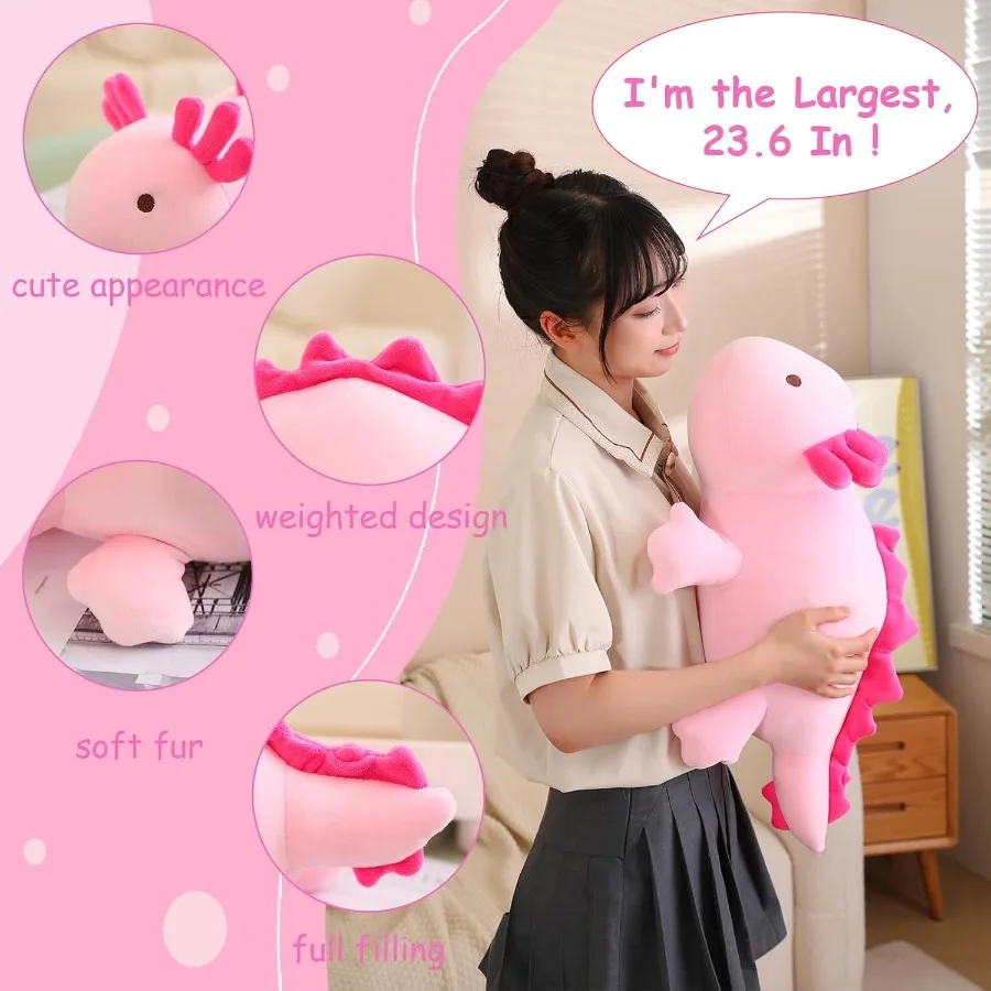 Brinquedo de pelúcia axolotl ponderado rosa 23,6 polegadas 3,1 lbs travesseiro de pelúcia fofo para meninas meninos presente macio huggable rosa preenchido com