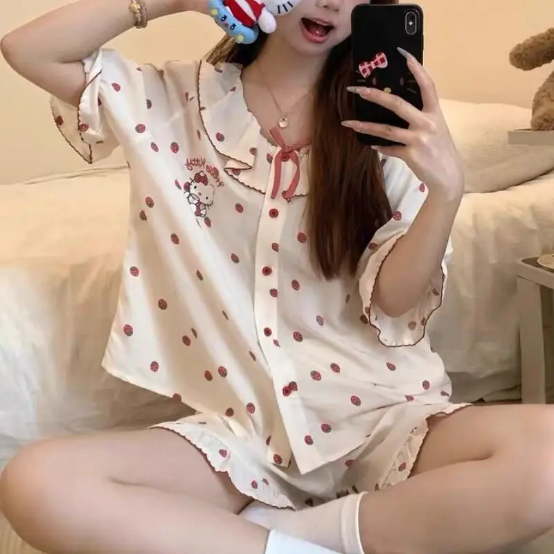 

Korean Sweet Women Short Sleeved Shorts Doll Neck Pajamas Summer Cute Fashionable Student Home Clothes Comfortable Breathable
