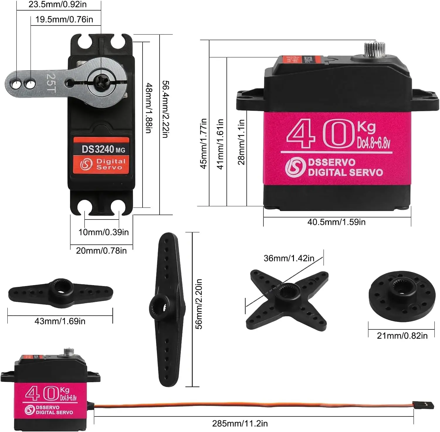 2 Pack High Torque 40KG Digital Servo DS3240MG Full Metal Gear Waterproof Steering RC Servo for 1/8 1/10 Scale RC Car Crawler