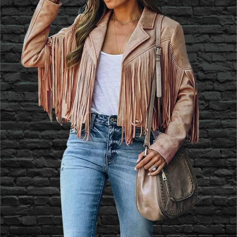 

Womens Vintage Short Coat Streetwear Fall Long Sleeve FringeCropped Motor Biker Cardigan OutwearsFaux Suede Tassel Jacket Female