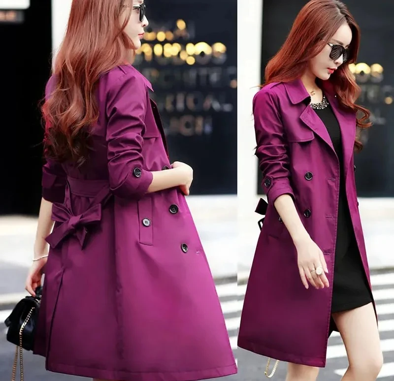 

Purple Windbreaker Women Mid-Long Trench Coat Spring New Korean Slim Waist British Casual Autumn Coat With Belt Outwear Top