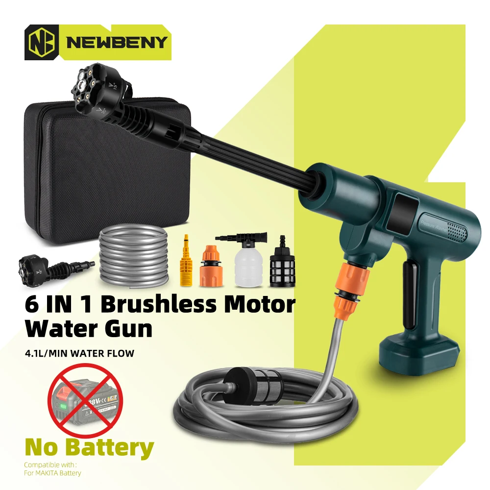 NEWBENY 200Bar Brushless High Pressure Car Washer Gun 6 IN 1 Electric Garden Washing Water Wash Spray Gun for Makita 18V Battery