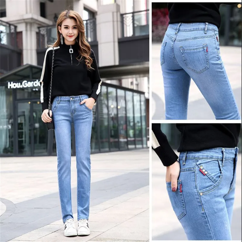 Dames Hoge Taille Rechte Jeans Casual Katoenen Skinny Lange Potloodbroek Kantoor Dame Korte Grote Maat Denim Broek