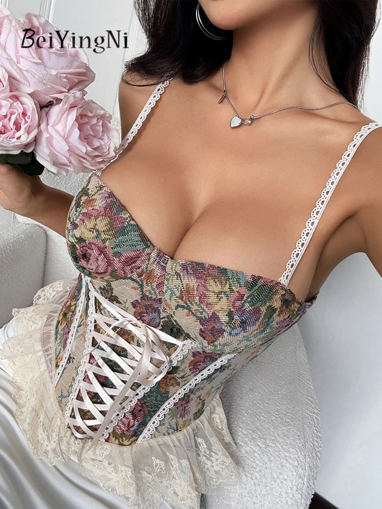 Beiyingni American Style Vintage Women's Vest Sexy Street Jacquard Female Tank Tops With Chest Pad 2026 Summer Contrast Bustier