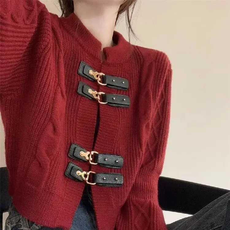 Sweater kardigan kulit gesper pelintir wanita, Sweater rajut Harajuku Korea Y2k lengan panjang, kardigan pendek longgar